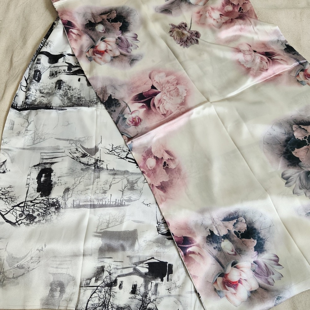 100% Silk Reversible Scarf Pink Floral Lotus Black White Village Landscape 66x18